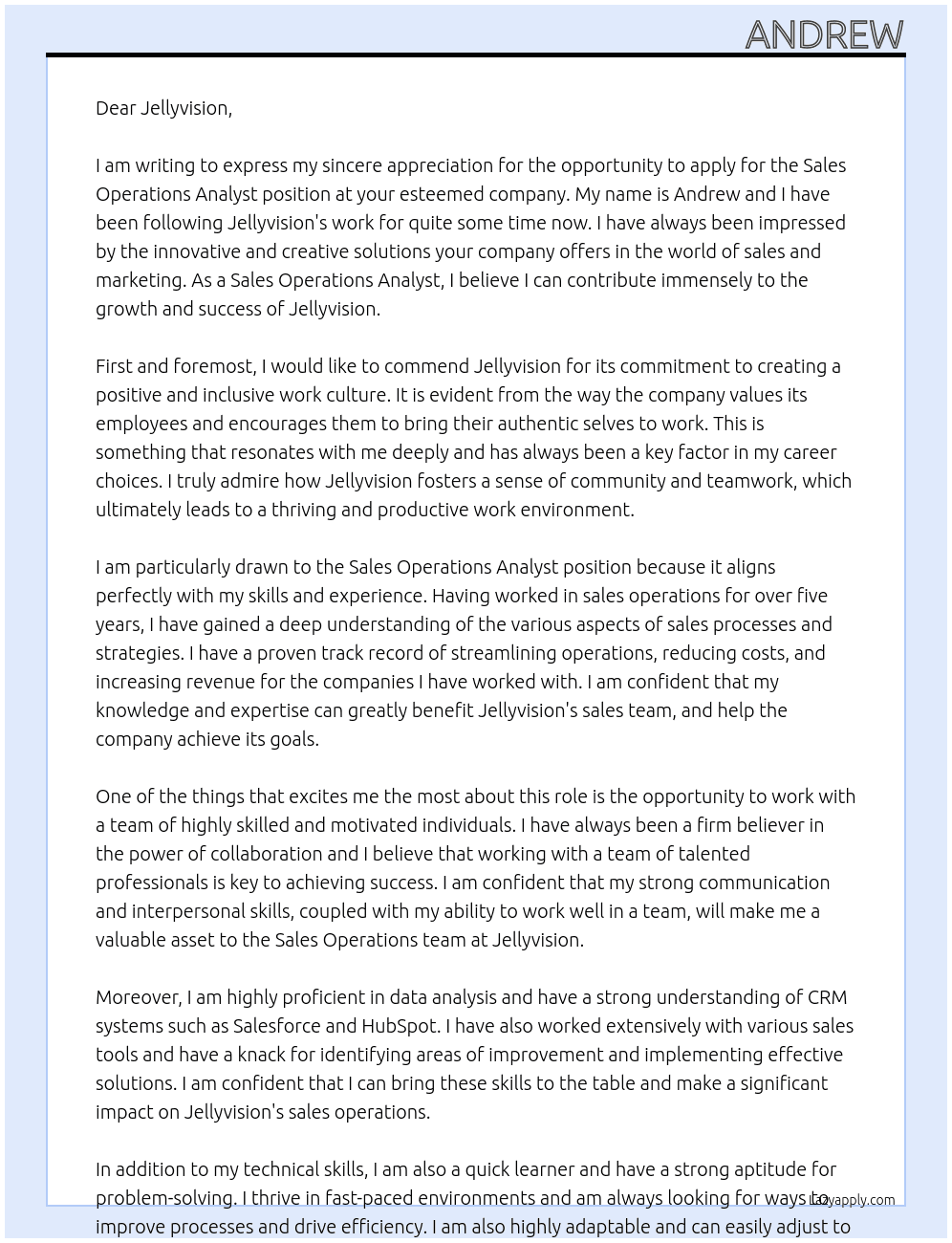Sales Operations Analyst At Jellyvision Cover Letter