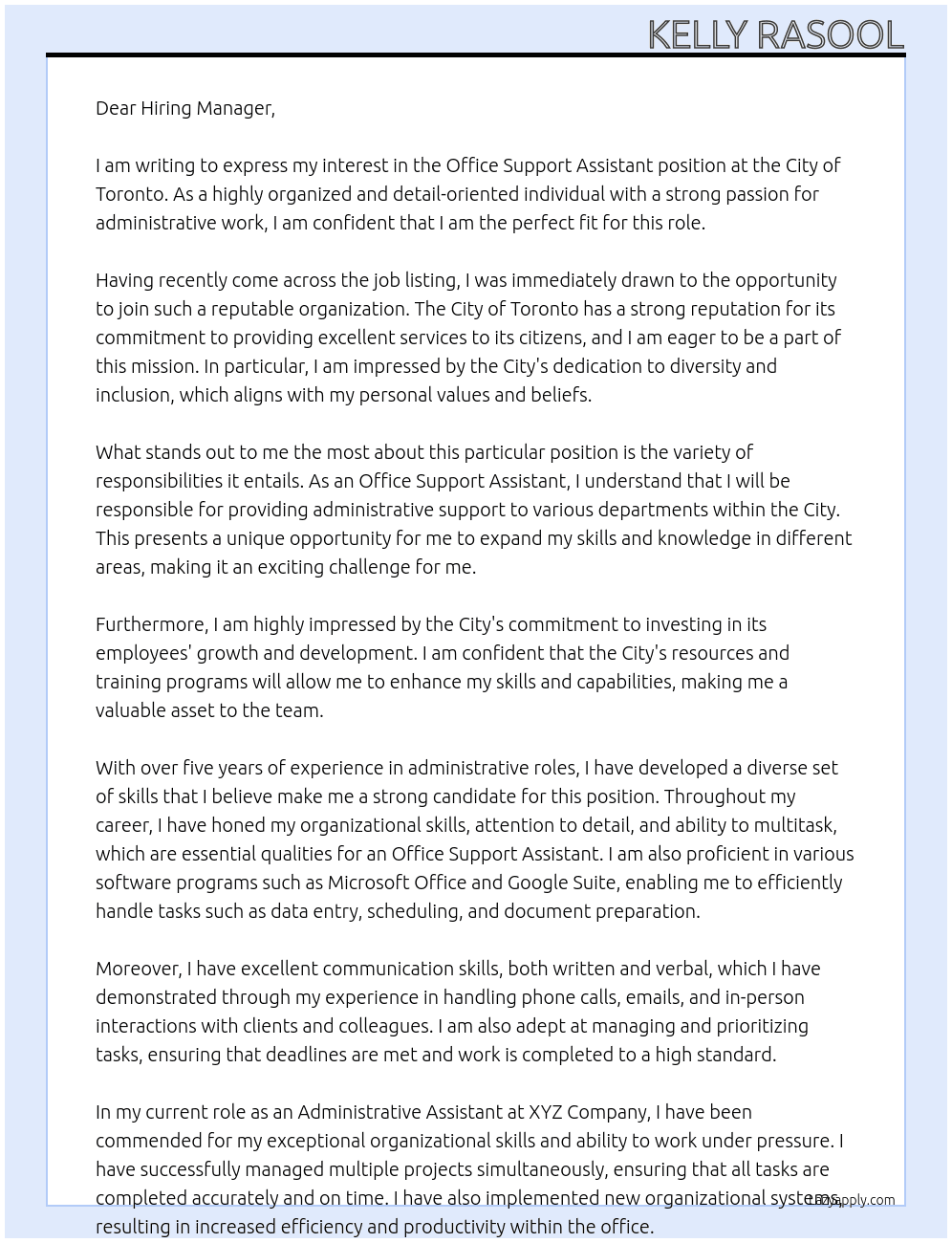 office support assistant At City of Toronto Cover Letter