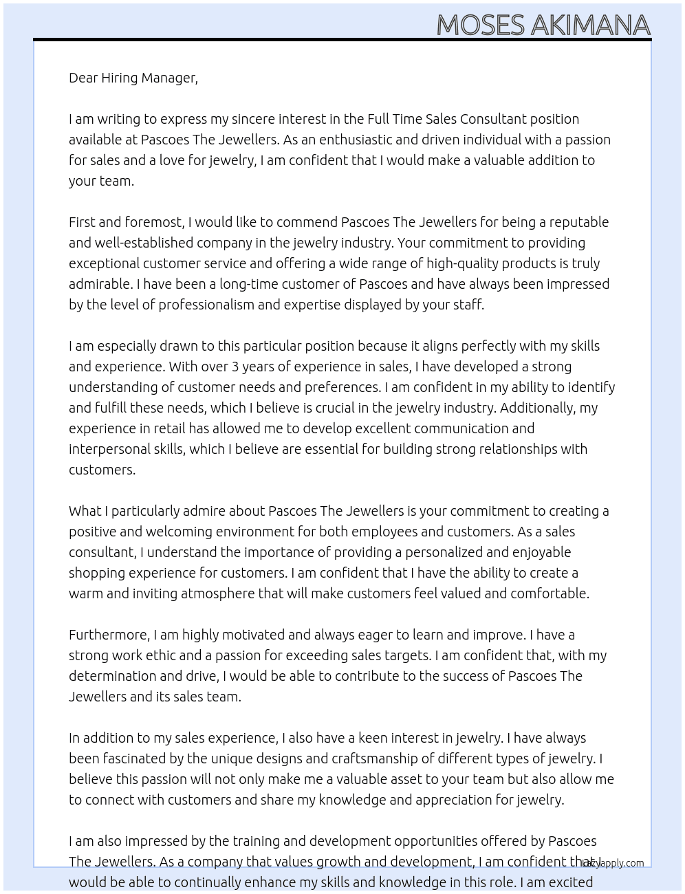 Cover letter for full time sales consultant - LazyApply