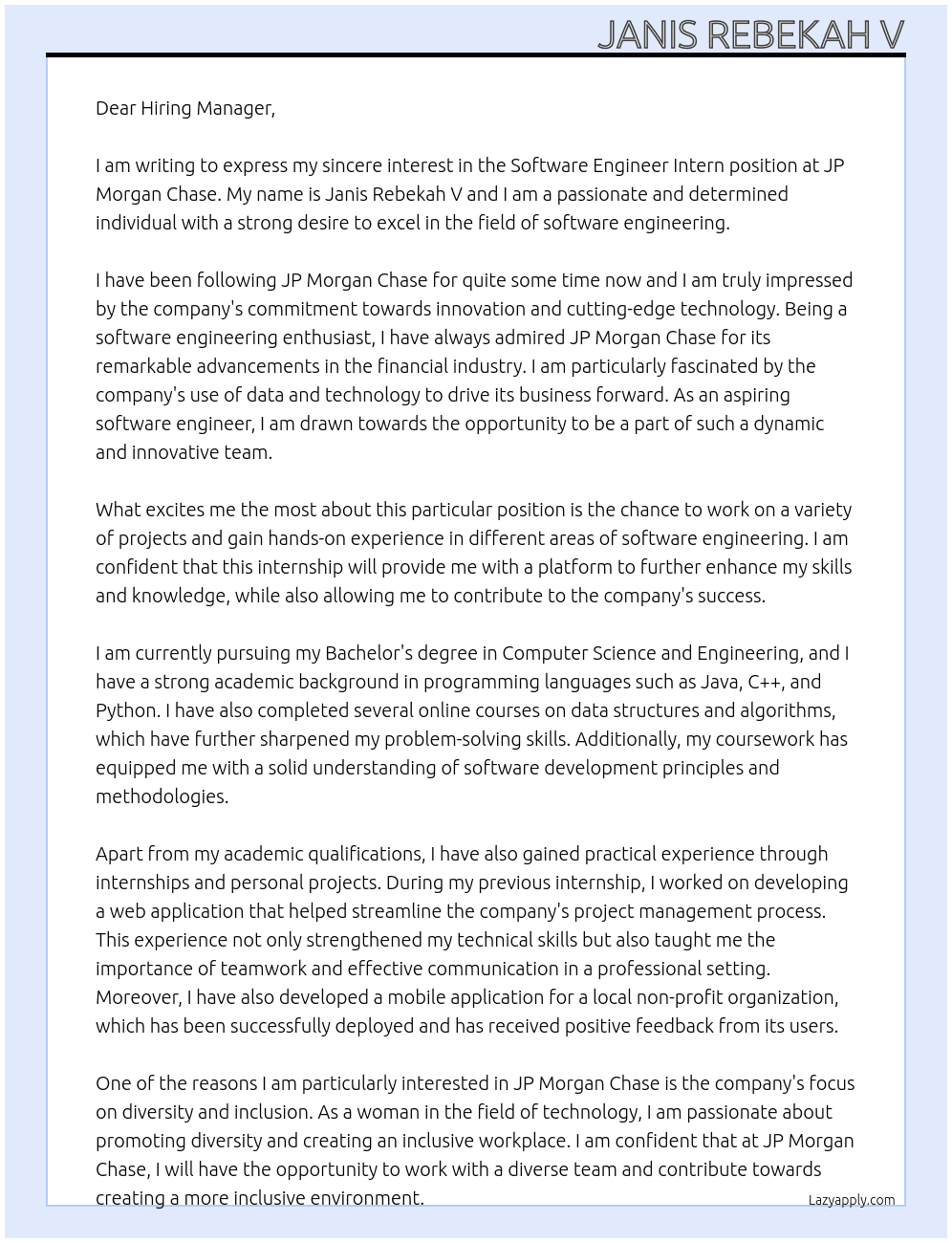 Software Engineer Intern At JP Morgan Chase Cover Letter