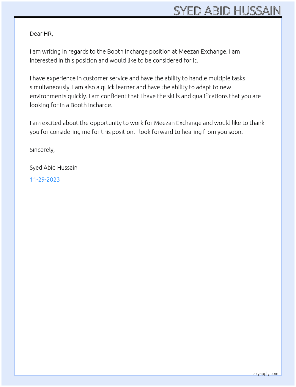 Booth Incharge At Meezan Exchange Cover Letter