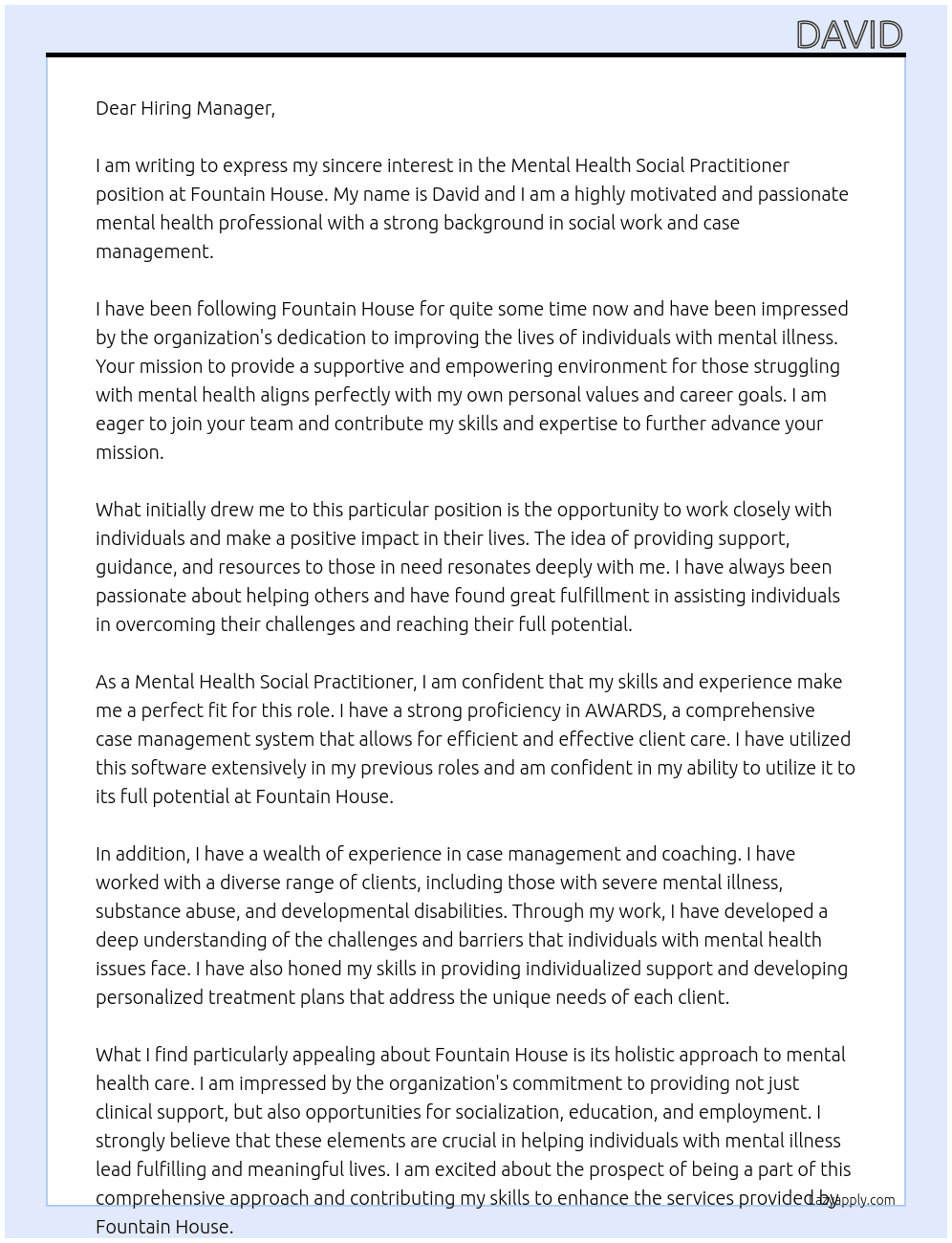 Cover letter for mental health social practitioner - LazyApply