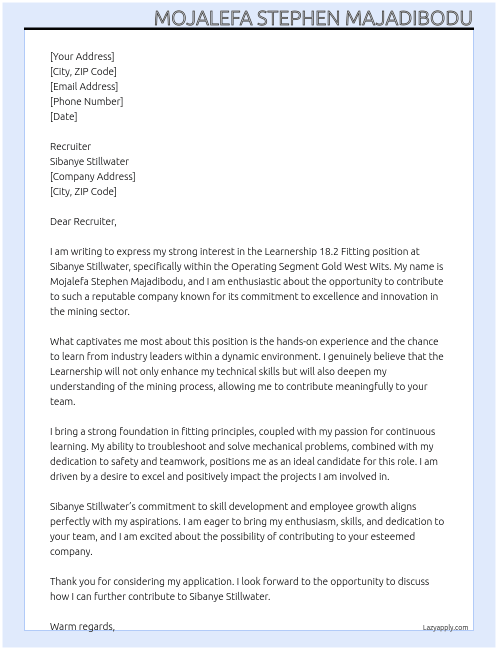 Cover letter for learnership 18.2 fitting - LazyApply