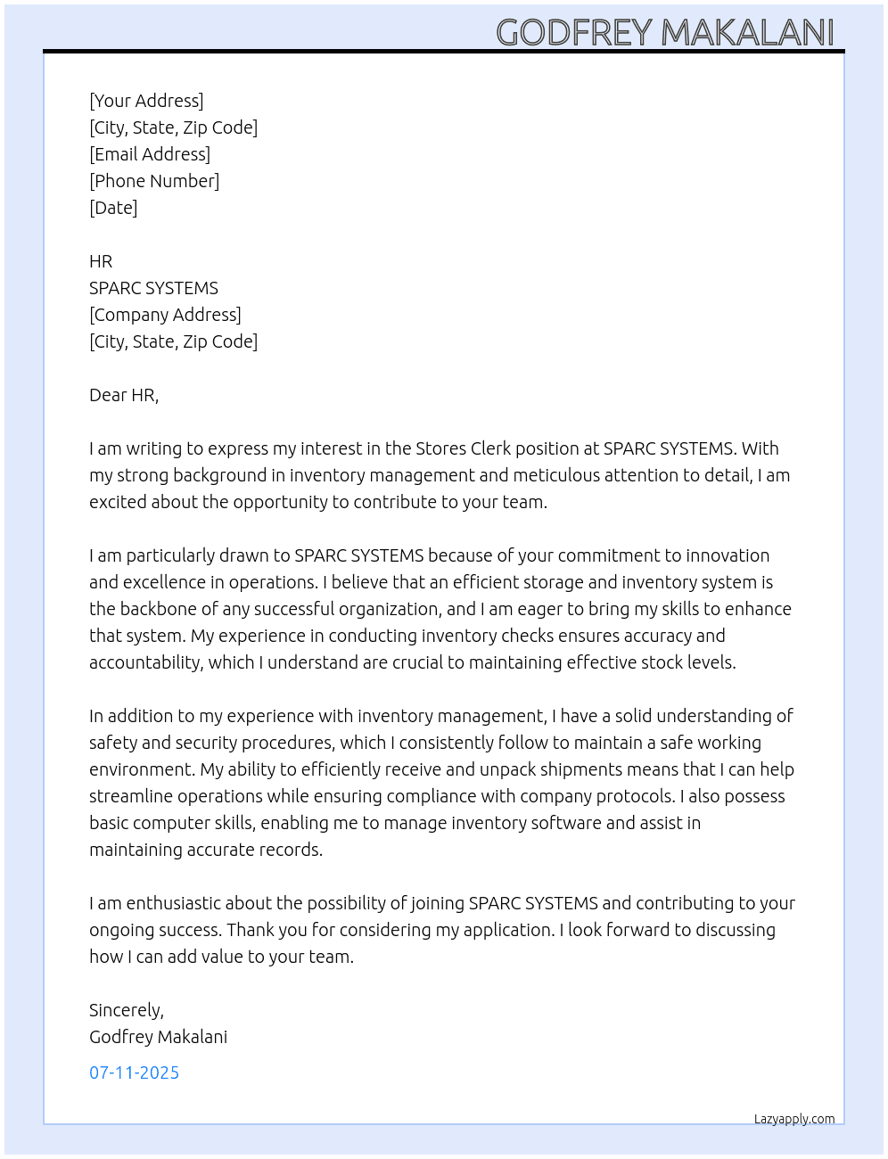 STORES CLERK At SPARC SYSTEMS Cover Letter