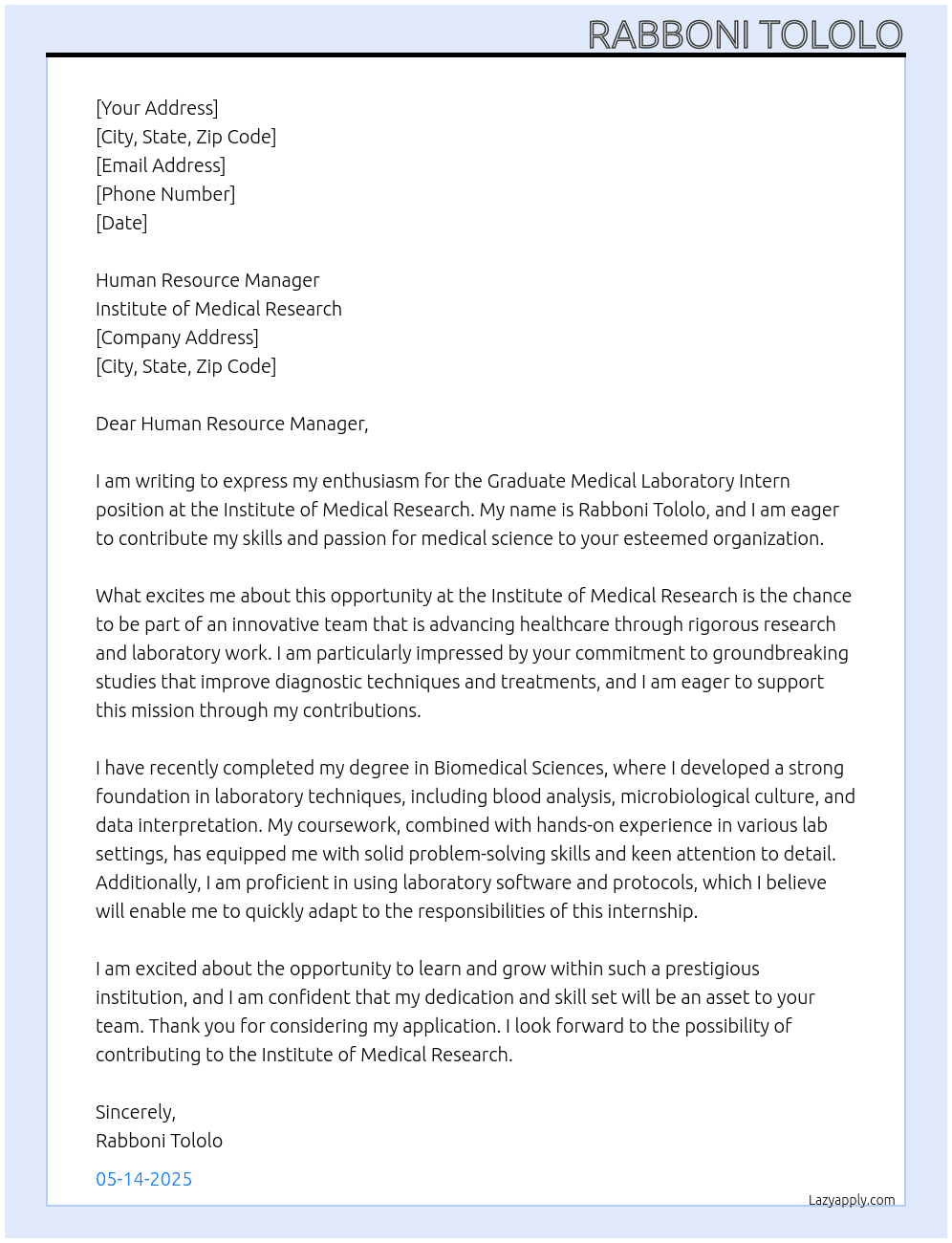 Graduate Medical Laboratory Intern At Institute of Medical Research Cover Letter