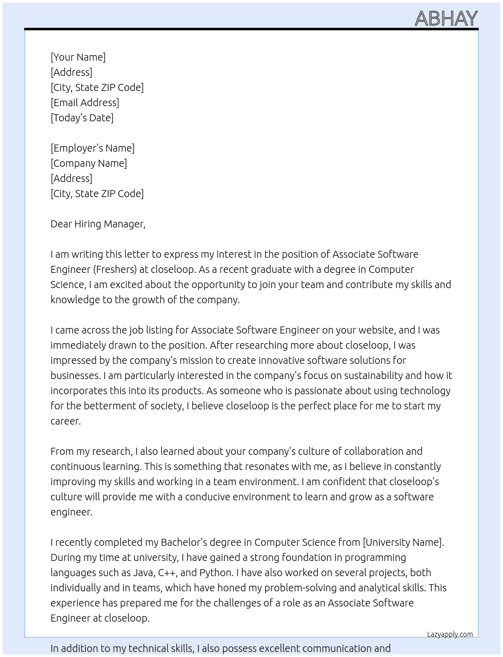 Associate Software Engineer (Freshers) At closeloop Cover Letter