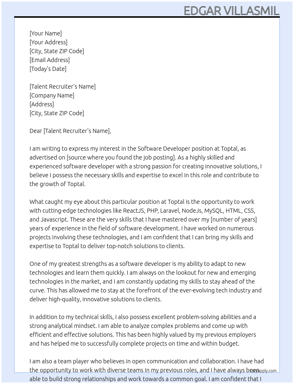 Software Developer At Toptal Cover Letter