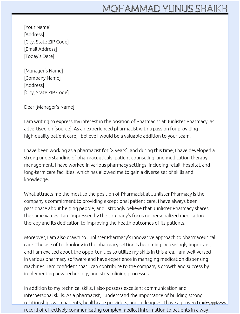 Pharmacist  At Junlister pharmacy  Cover Letter