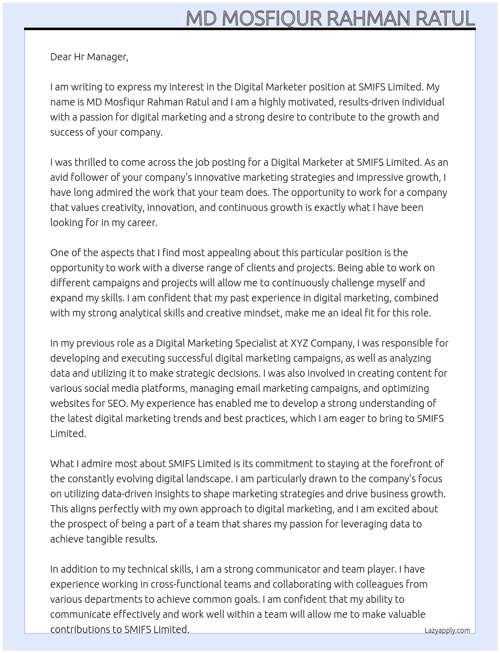 Digital MArketer At SMIFS Limited Cover Letter