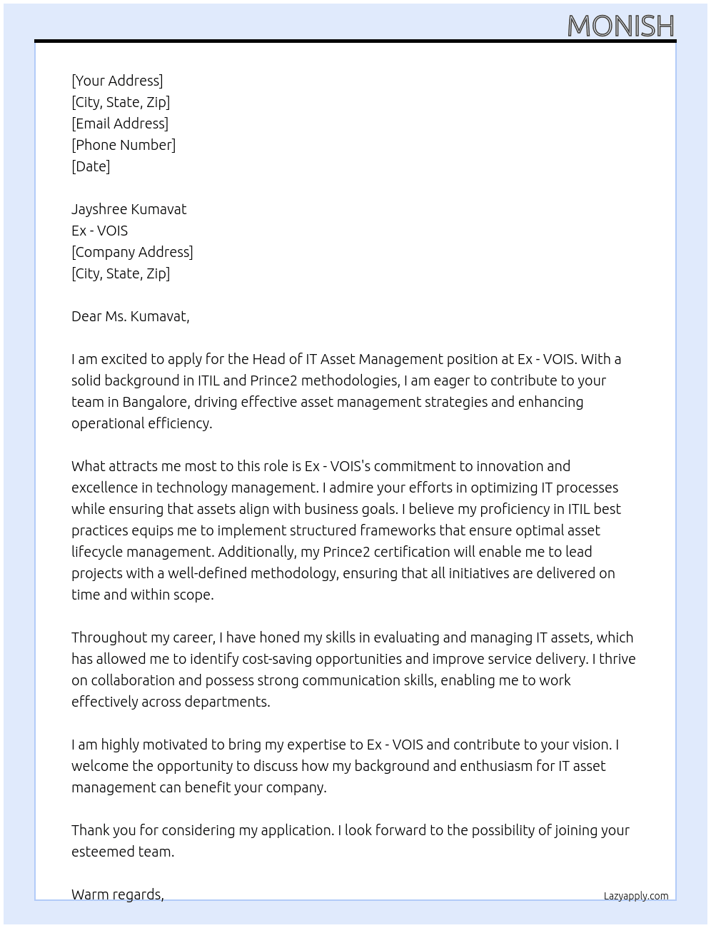 Head - IT Asset Management At Ex - VOIS Cover Letter