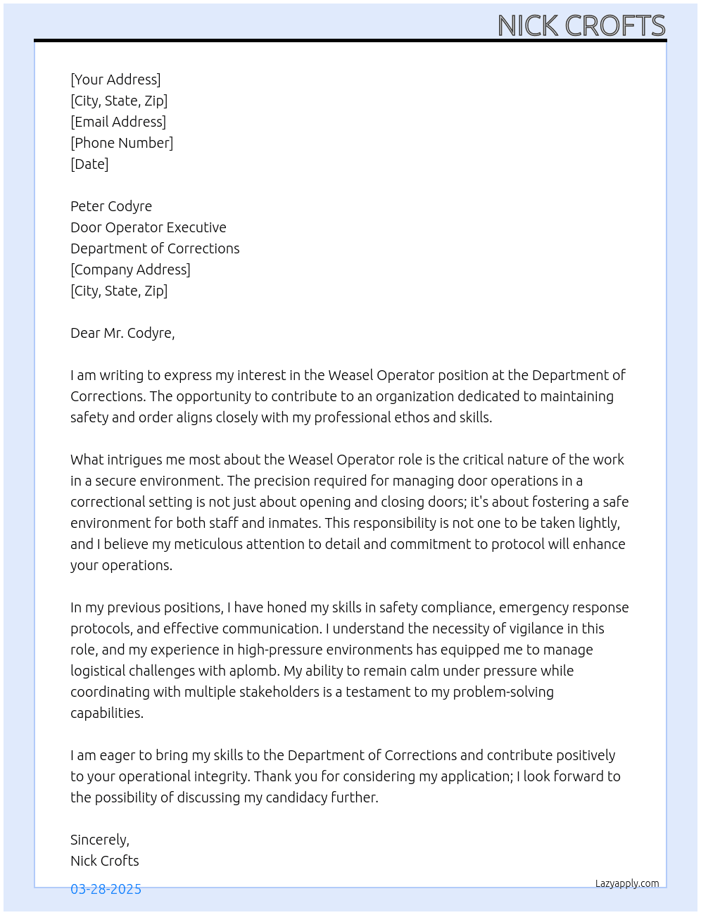 Cover letter for weasel operator - LazyApply