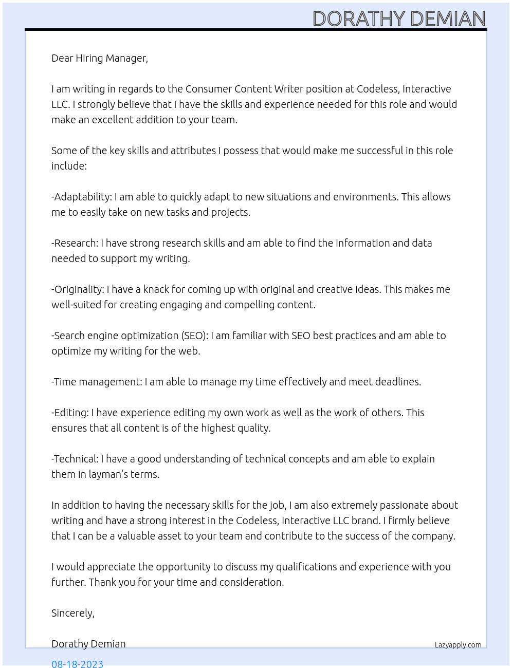 Consumer Content Writer  At Codeless, Interactive LLC  Cover Letter
