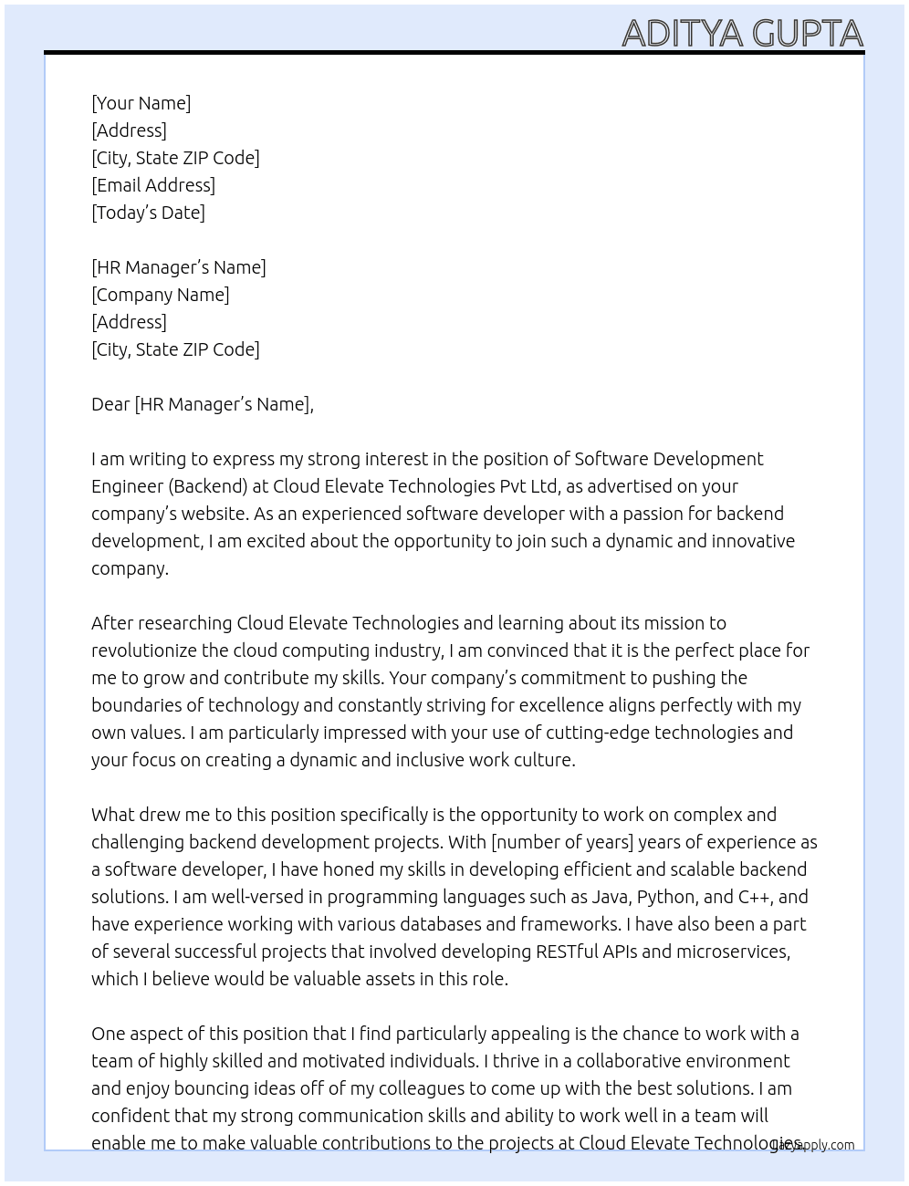 Software Development Engineer (Backend) At Cloud Elevate Technologies Pvt Ltd Cover Letter