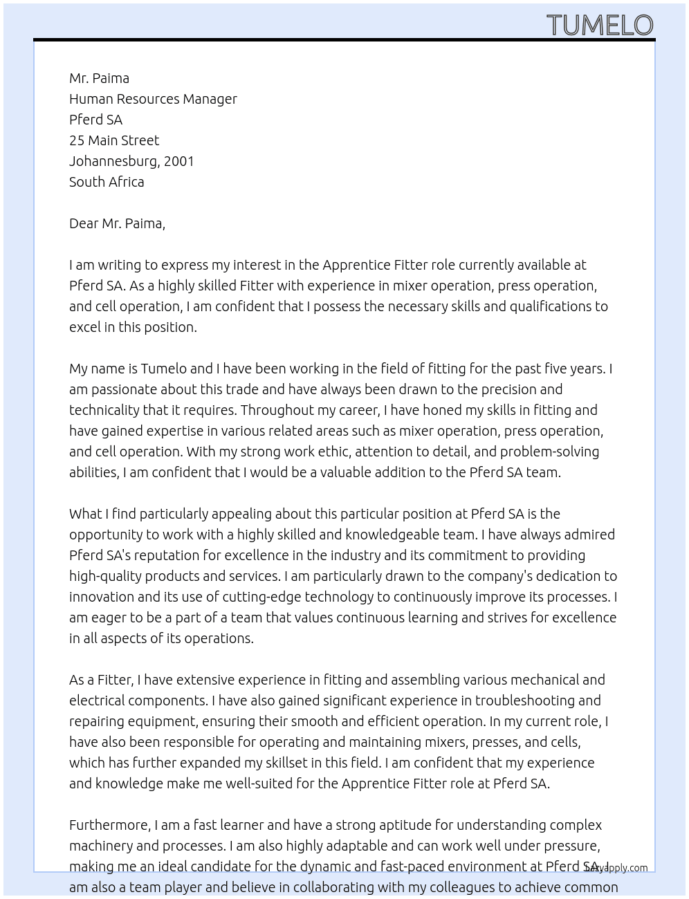Fitter At Pferd SA  Cover Letter