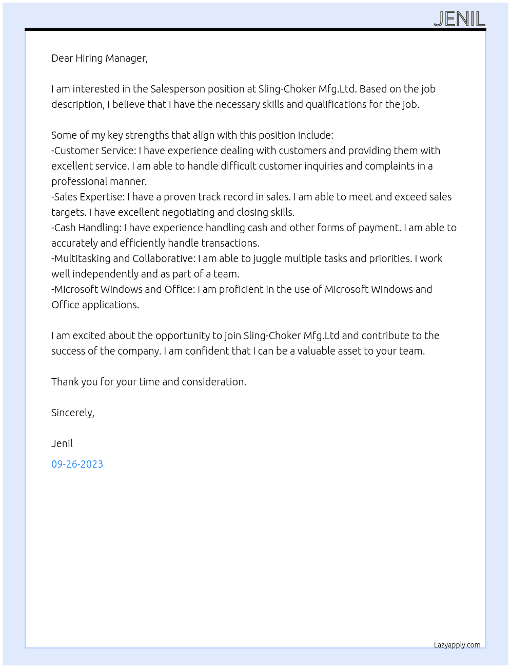 Salesperson At Sling-Choker Mfg.Ltd Cover Letter