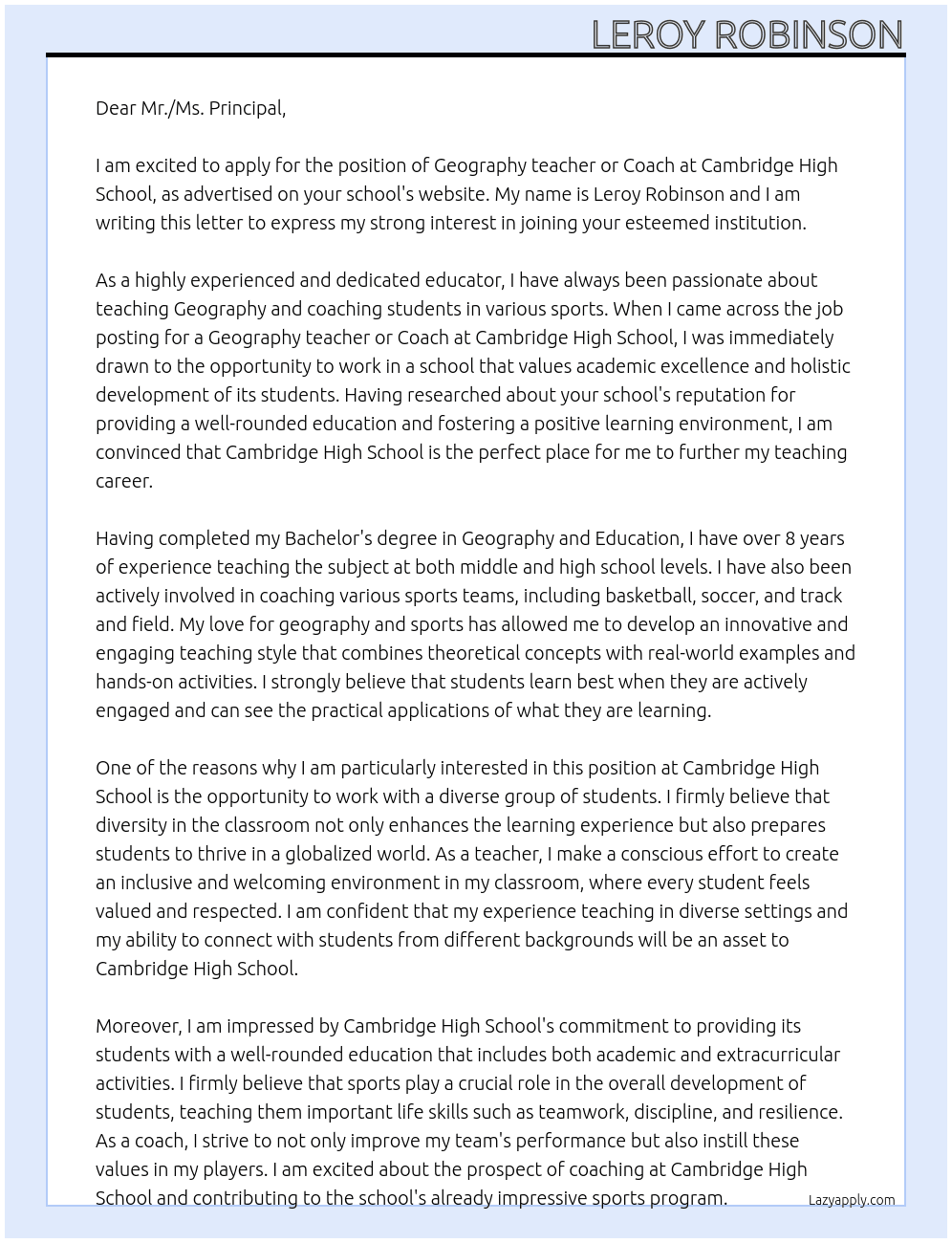 Geaograpghy teacher or Coach At Cambridge High School Cover Letter