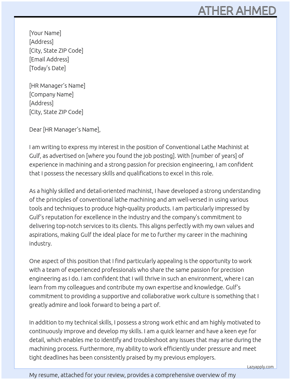 Conventional Lathe Machinest  At Gulf Cover Letter