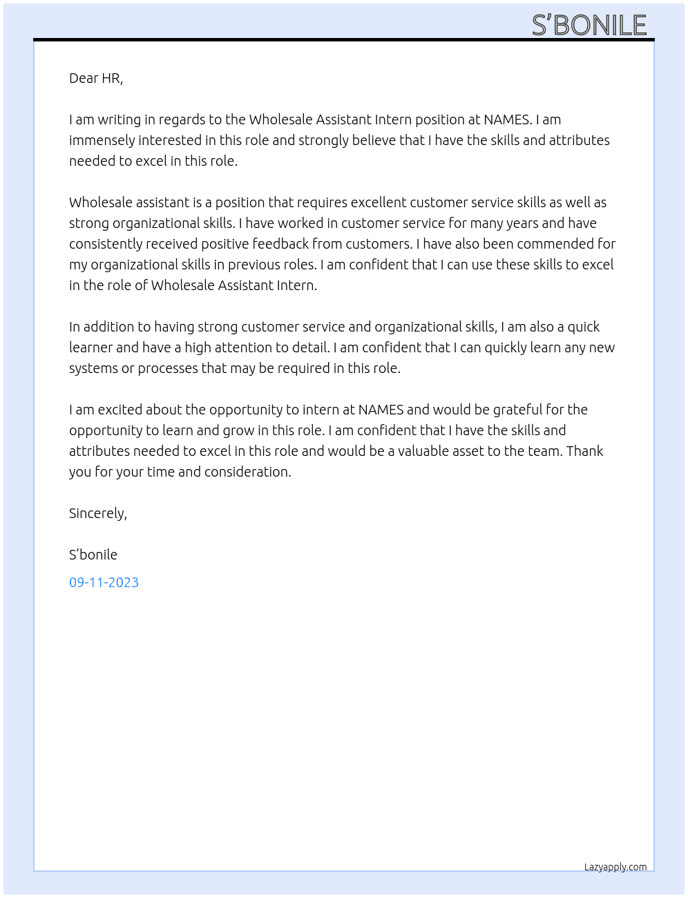 Wholesale Assistant Intern  At NAMES  Cover Letter