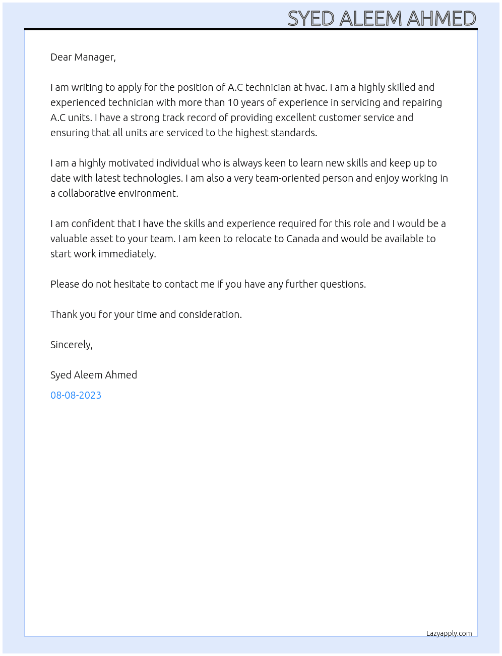 A.C technician  At hvac Cover Letter