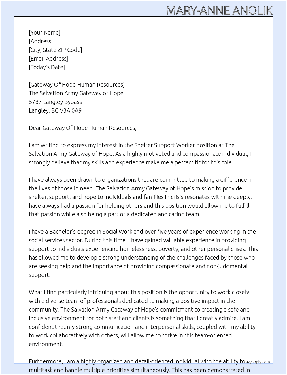 Shelter Support Worker At The Salvation Army Gateway of Hope Cover Letter
