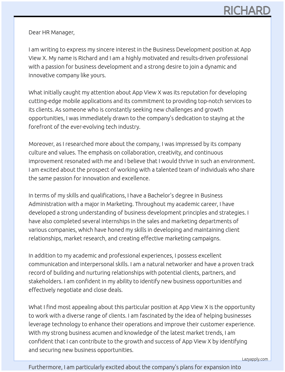 Business Development At App View X Cover Letter