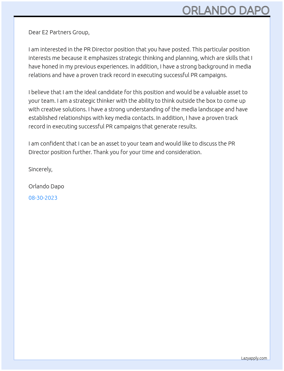 PR Director At E2 Partners Group Cover Letter
