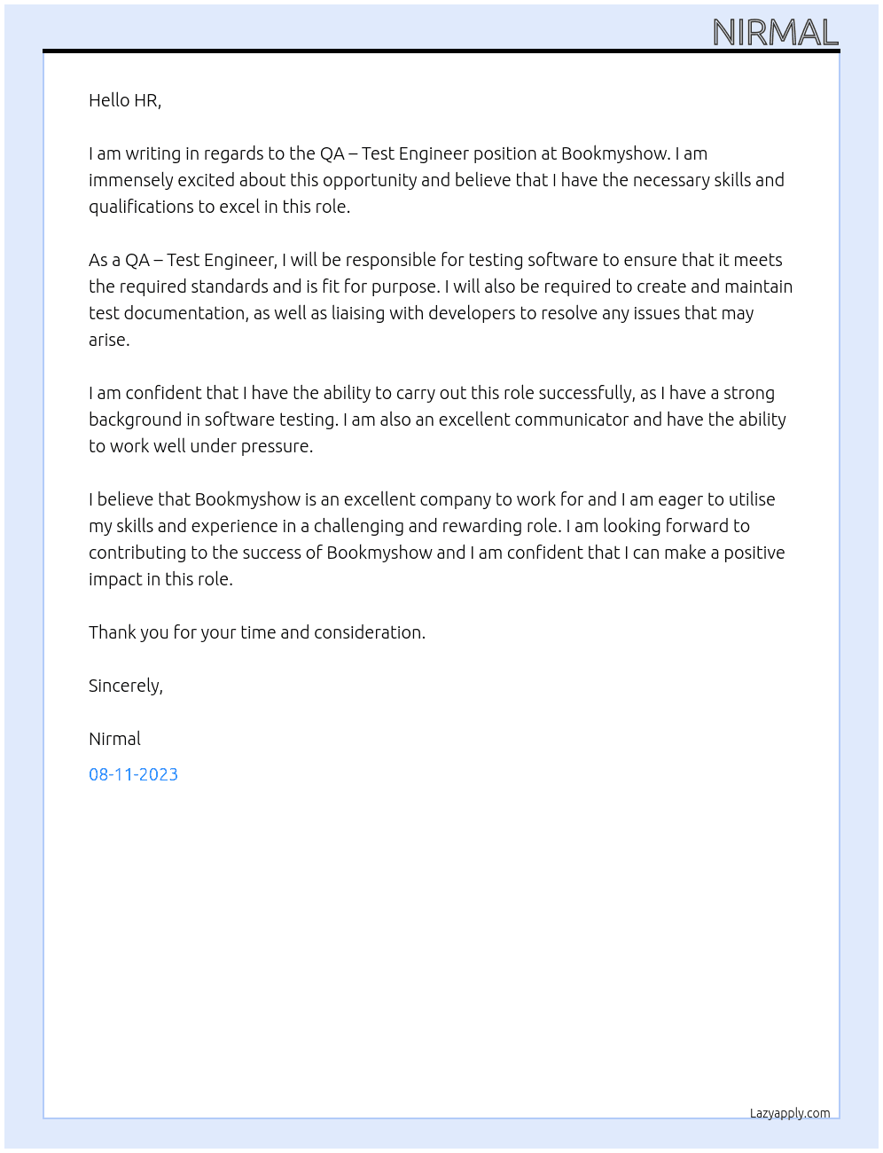 QA – Test Engineer At Bookmyshow Cover Letter