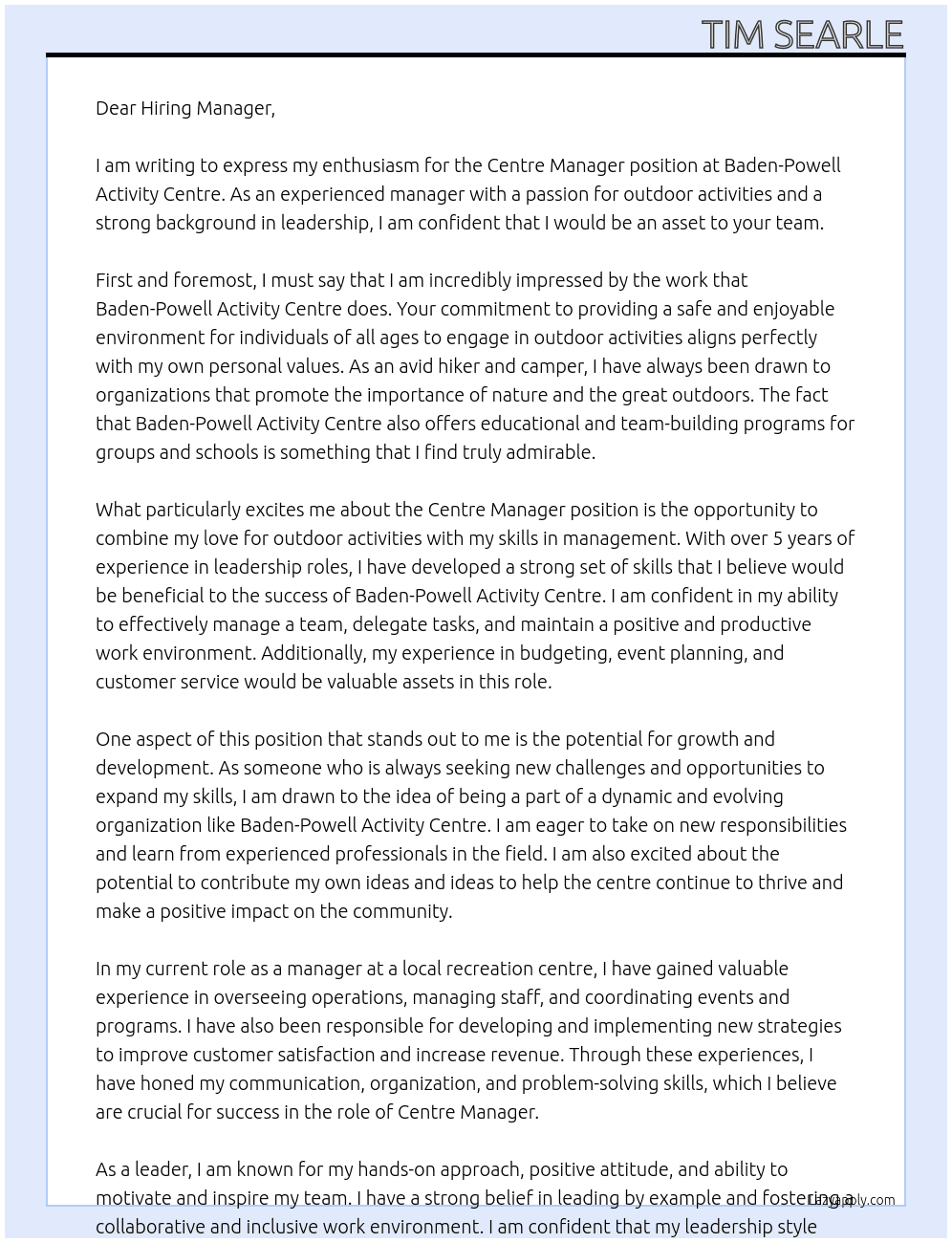 Centre Manager At Baden-Powell Activity Centre Cover Letter
