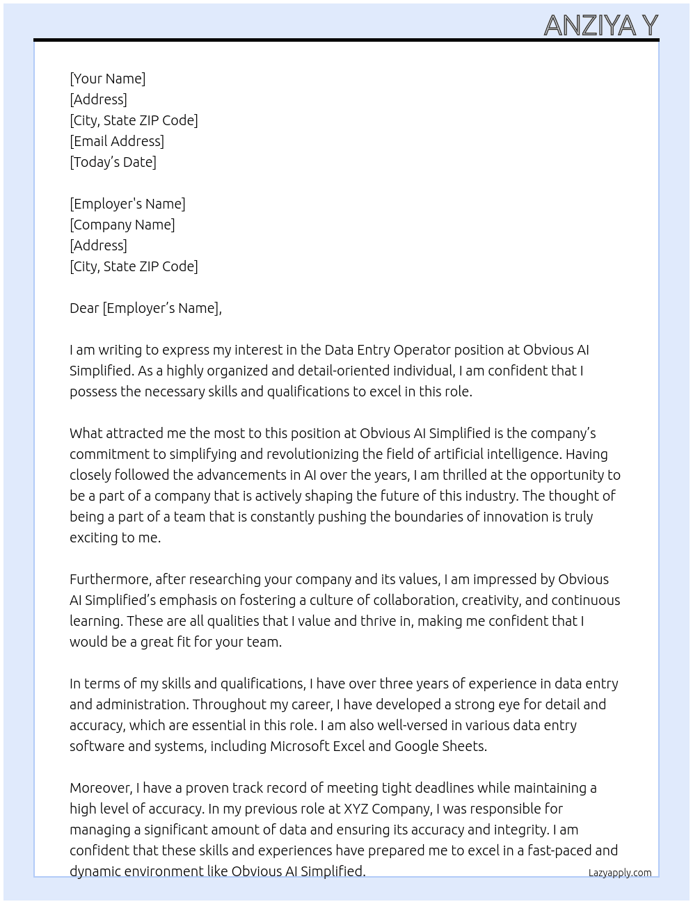 Data entry operator At Obvious AI simplified Cover Letter