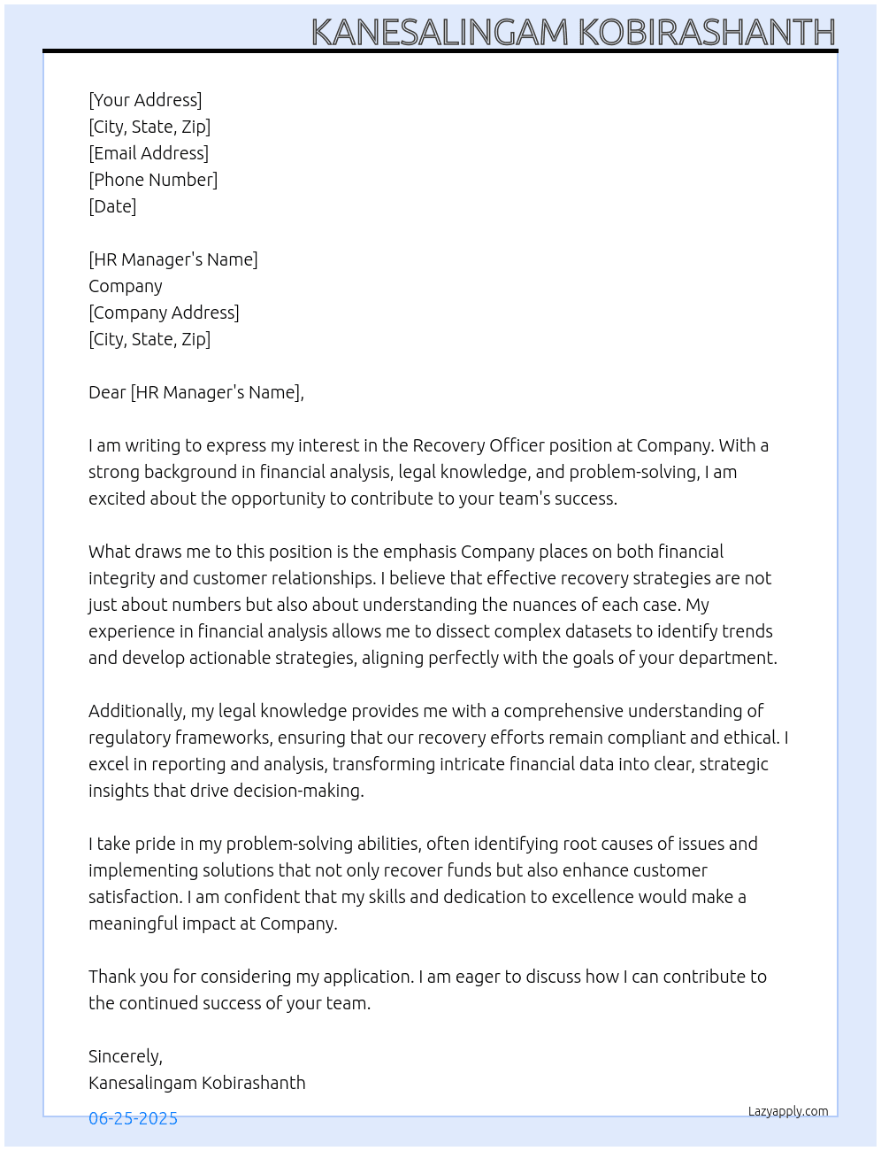 Recovery Officer At Company Cover Letter