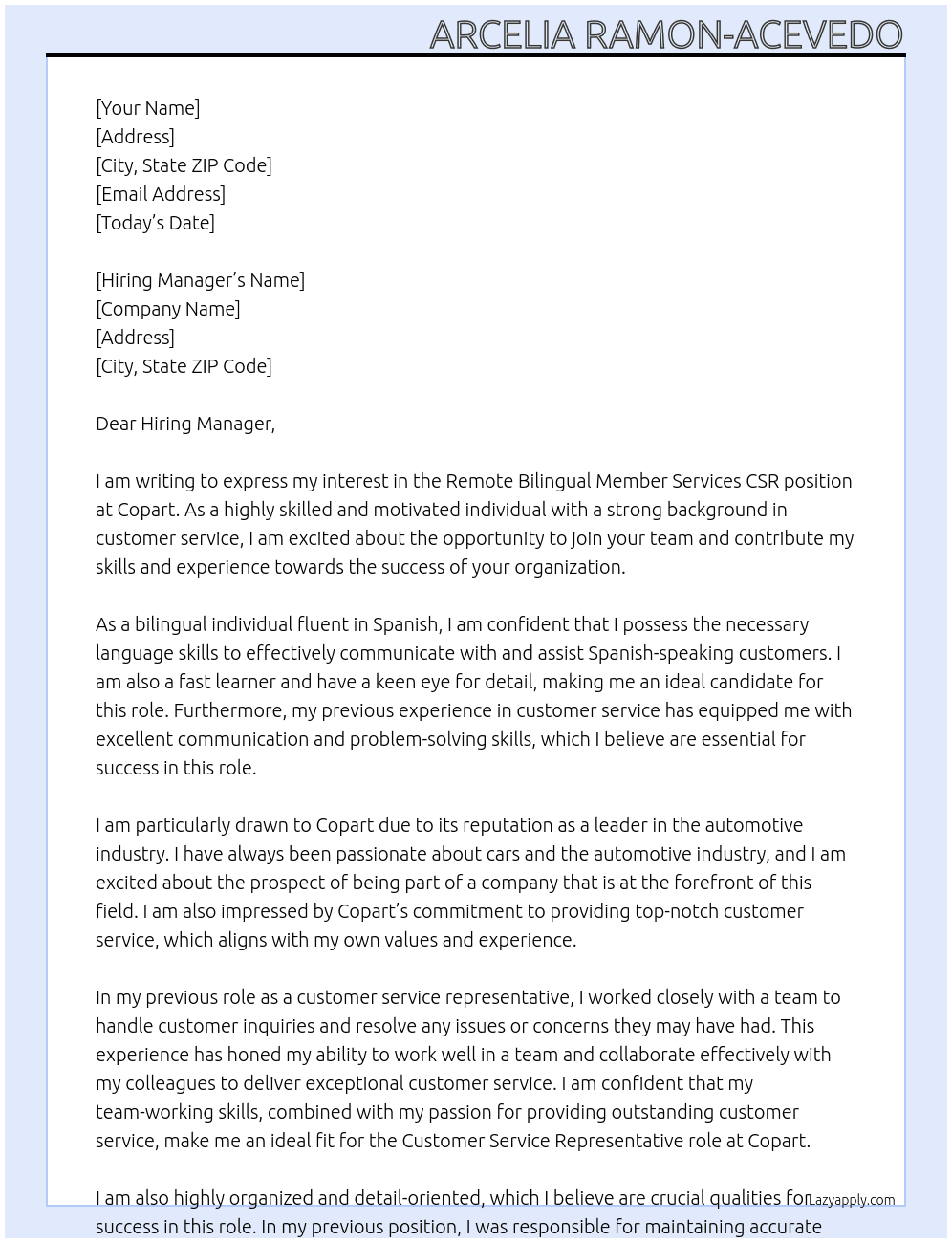 Remote bilingual member services csr At Copart  Cover Letter
