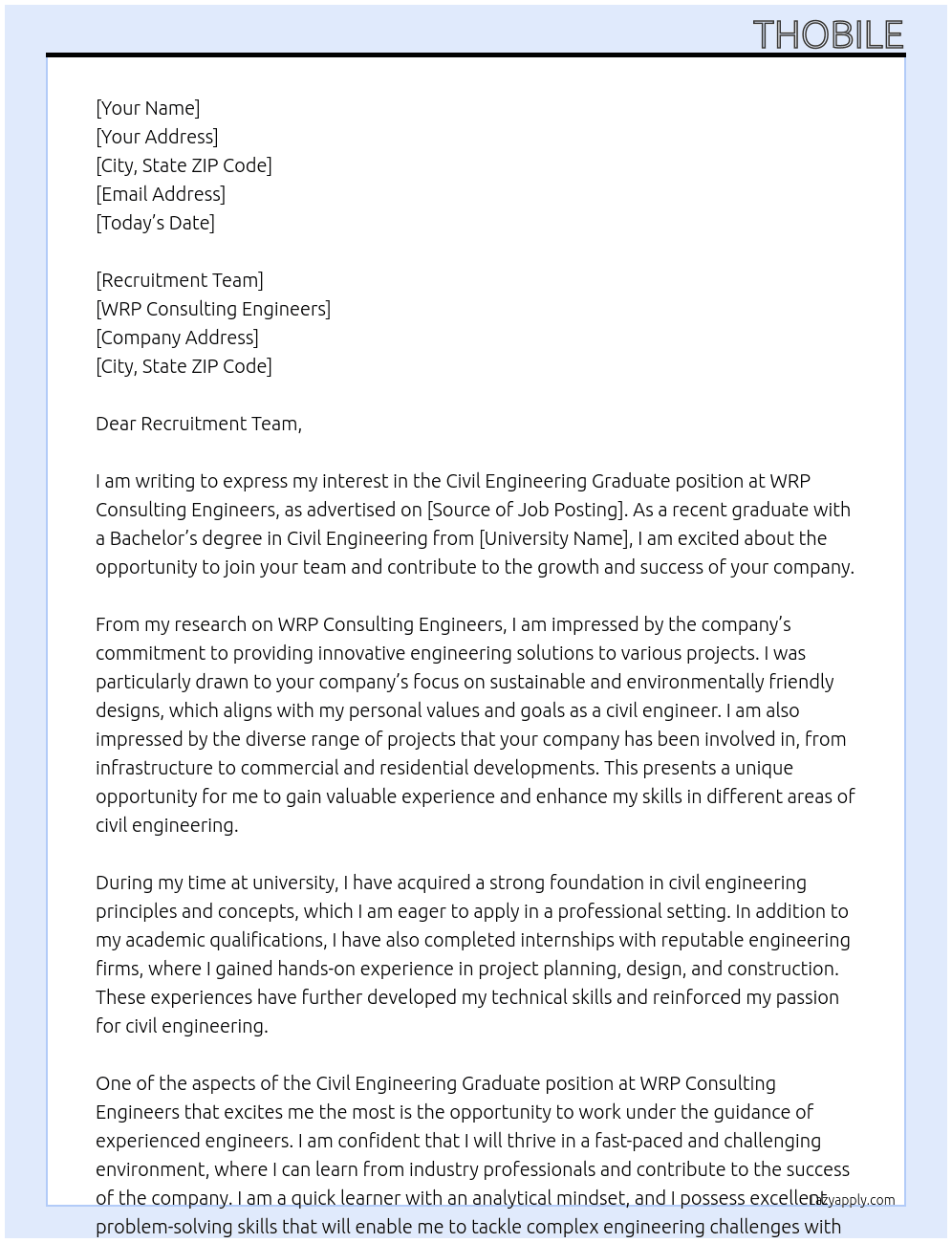 Civil Engineering Graduate At WRP Consulting Engineers Cover Letter