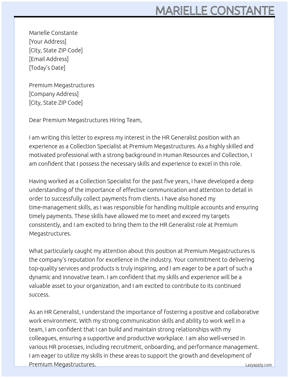 HR Generalist With an Experience as Collection Specialist At Premium Megastructures Cover Letter
