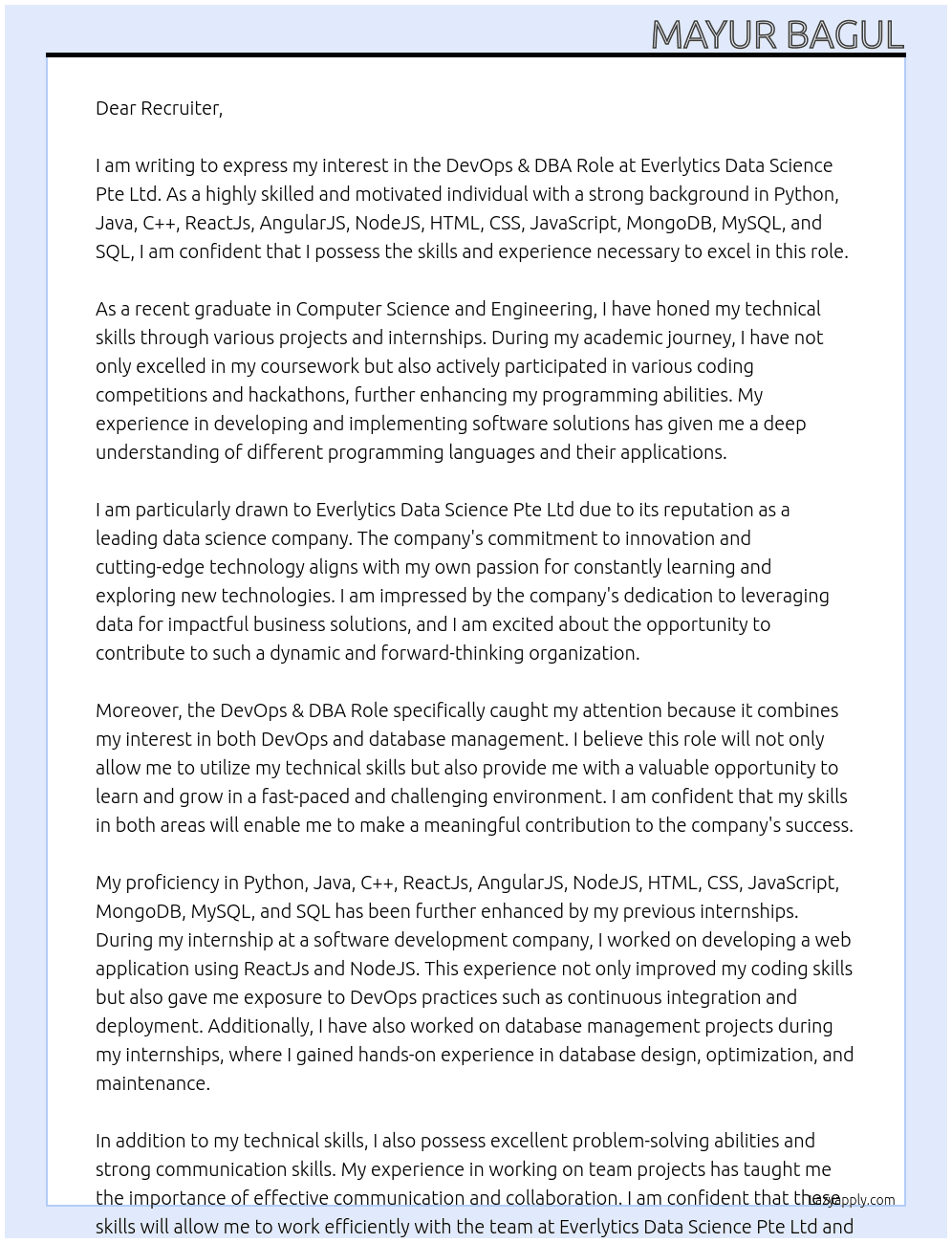 DevOps & DBA Role At Everlytics Data Science Pte Ltd Cover Letter