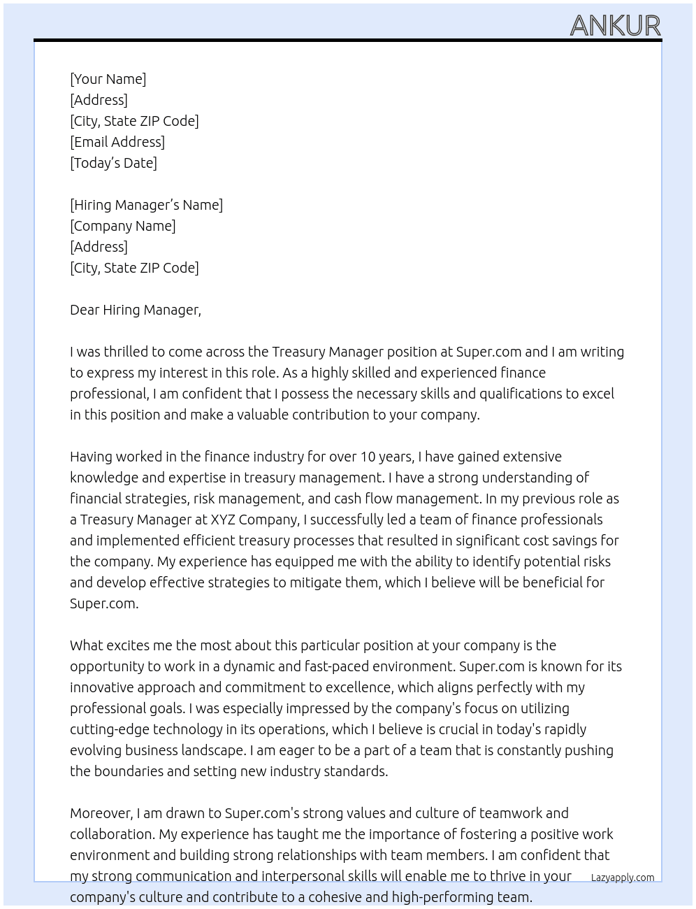 Treasury Manager At Super.com Cover Letter