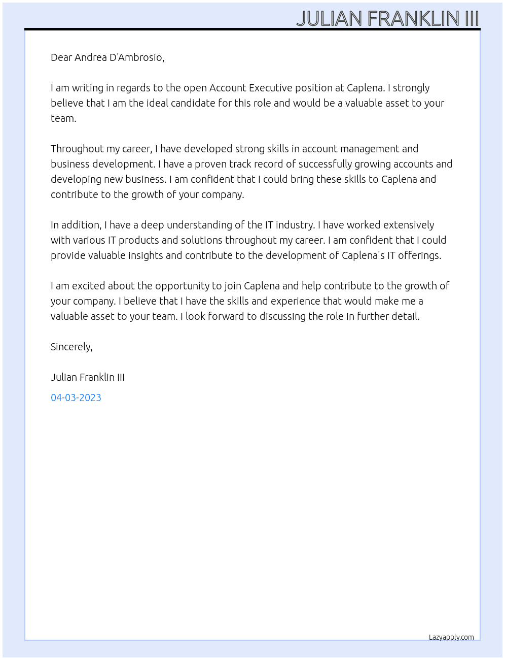 account executive At Caplena Cover Letter