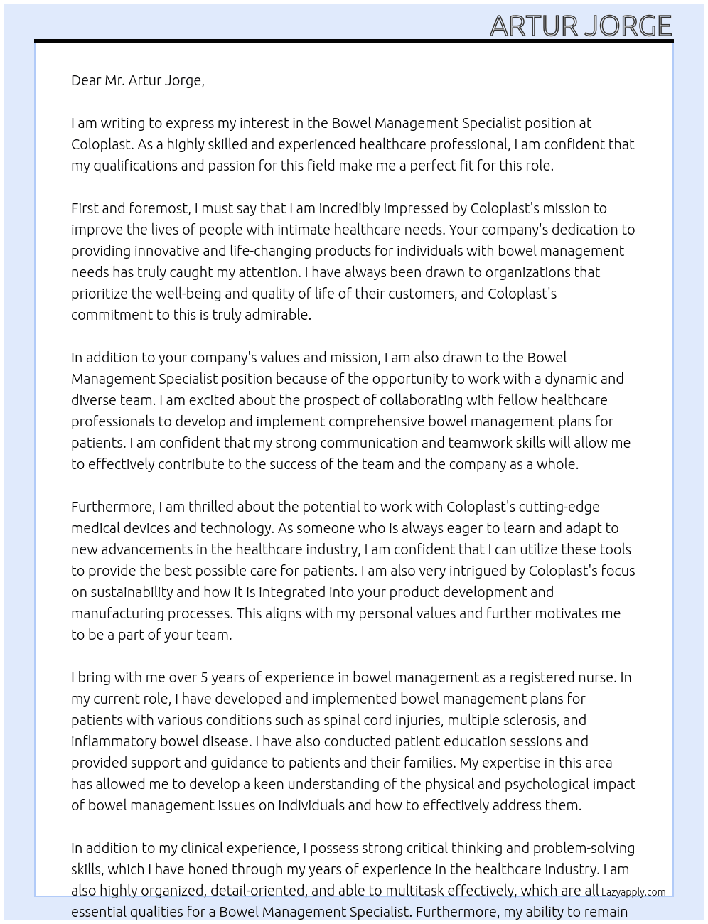 bowel management specialist At coloplast Cover Letter