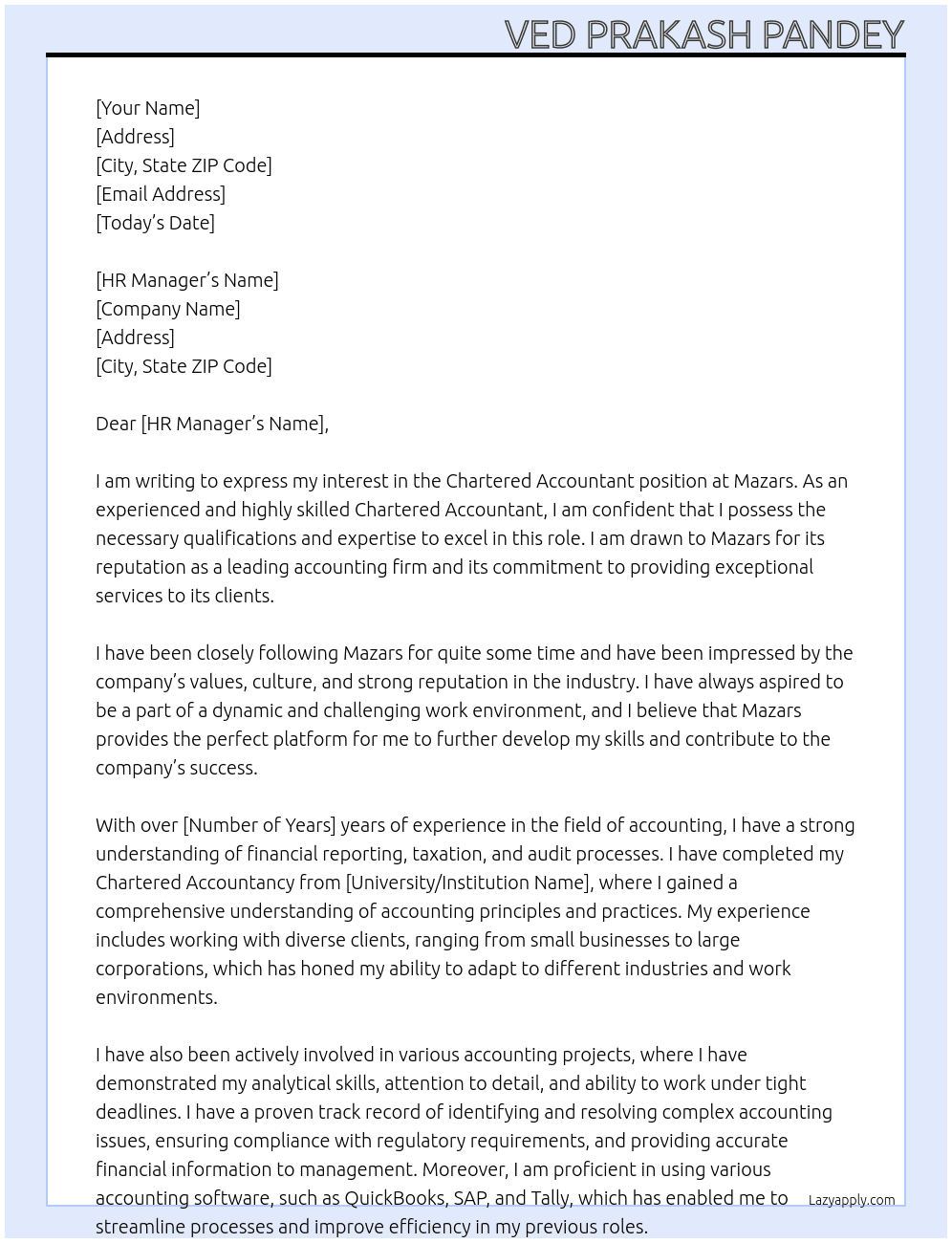 CHARTERED ACCOUNTANT At MAZARS Cover Letter