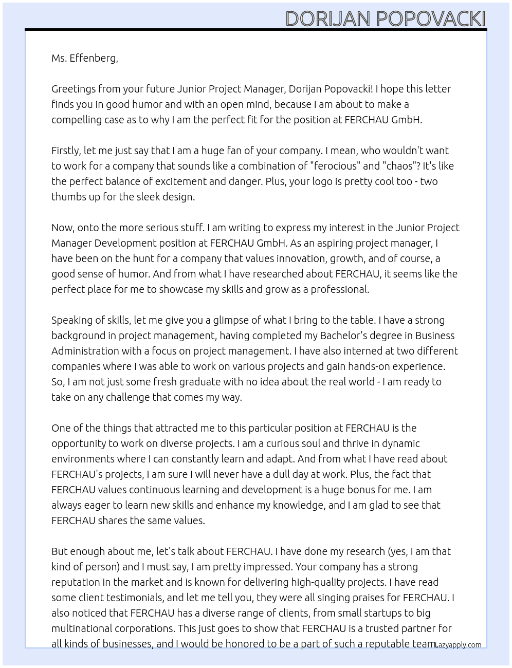 Junior Projectmanager Development At FERCHAU GmbH Cover Letter