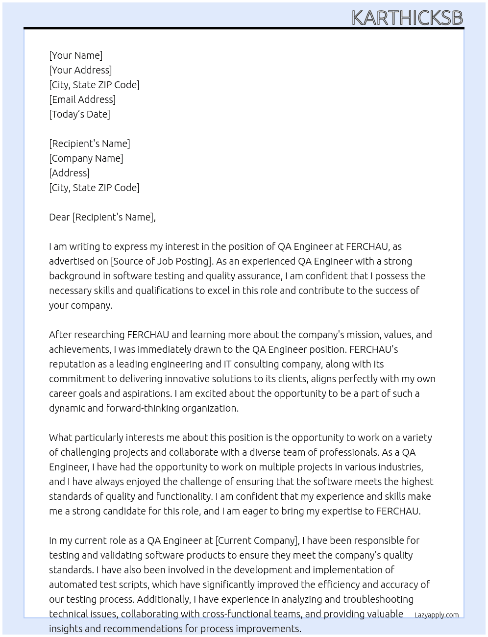 QA Engineer At FERCHAU  Cover Letter