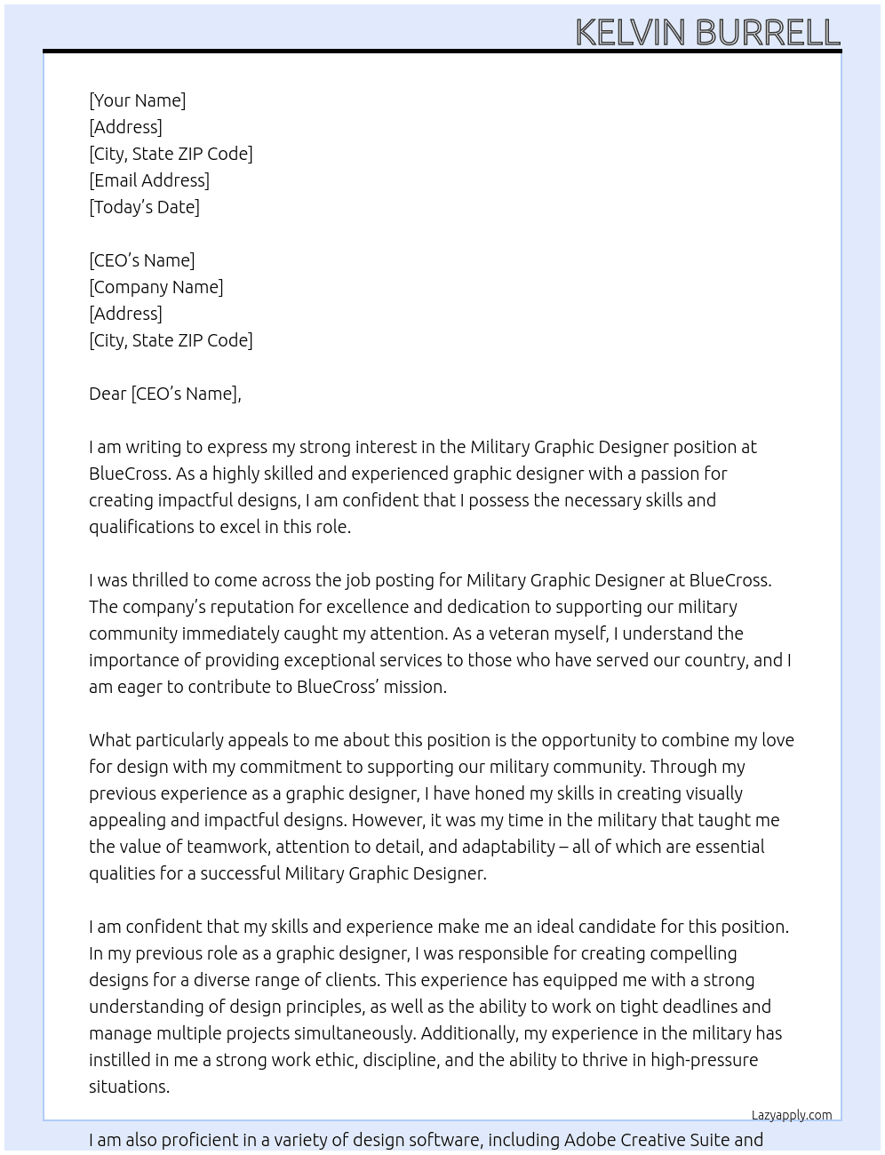 Military Graphic Designer At BlueCross Cover Letter
