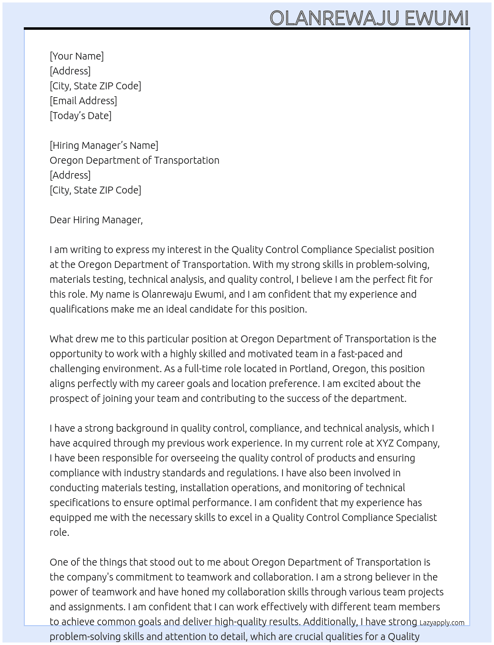 Quality Control Compliance Specialist At Oregon Department of Transportation Cover Letter
