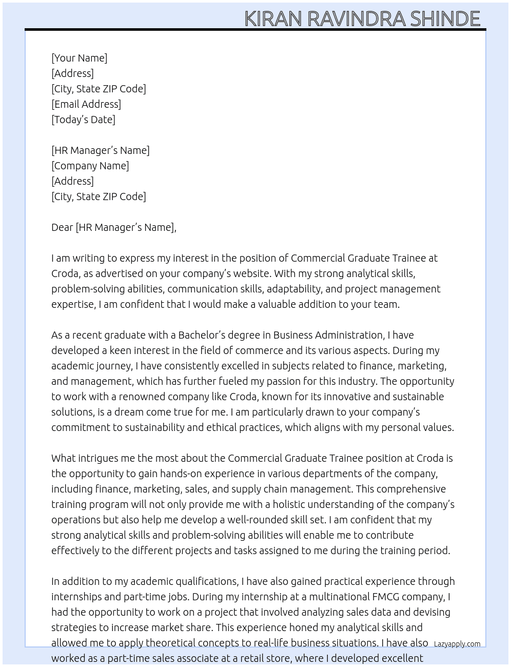 Commercial Graduate trainee  At Croda Cover Letter