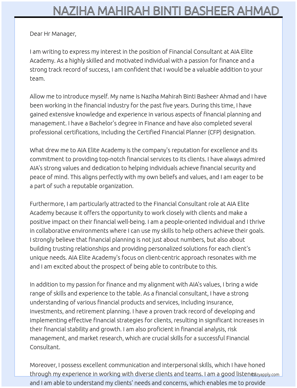 Financial Consultant At AIA Elite Academy Cover Letter