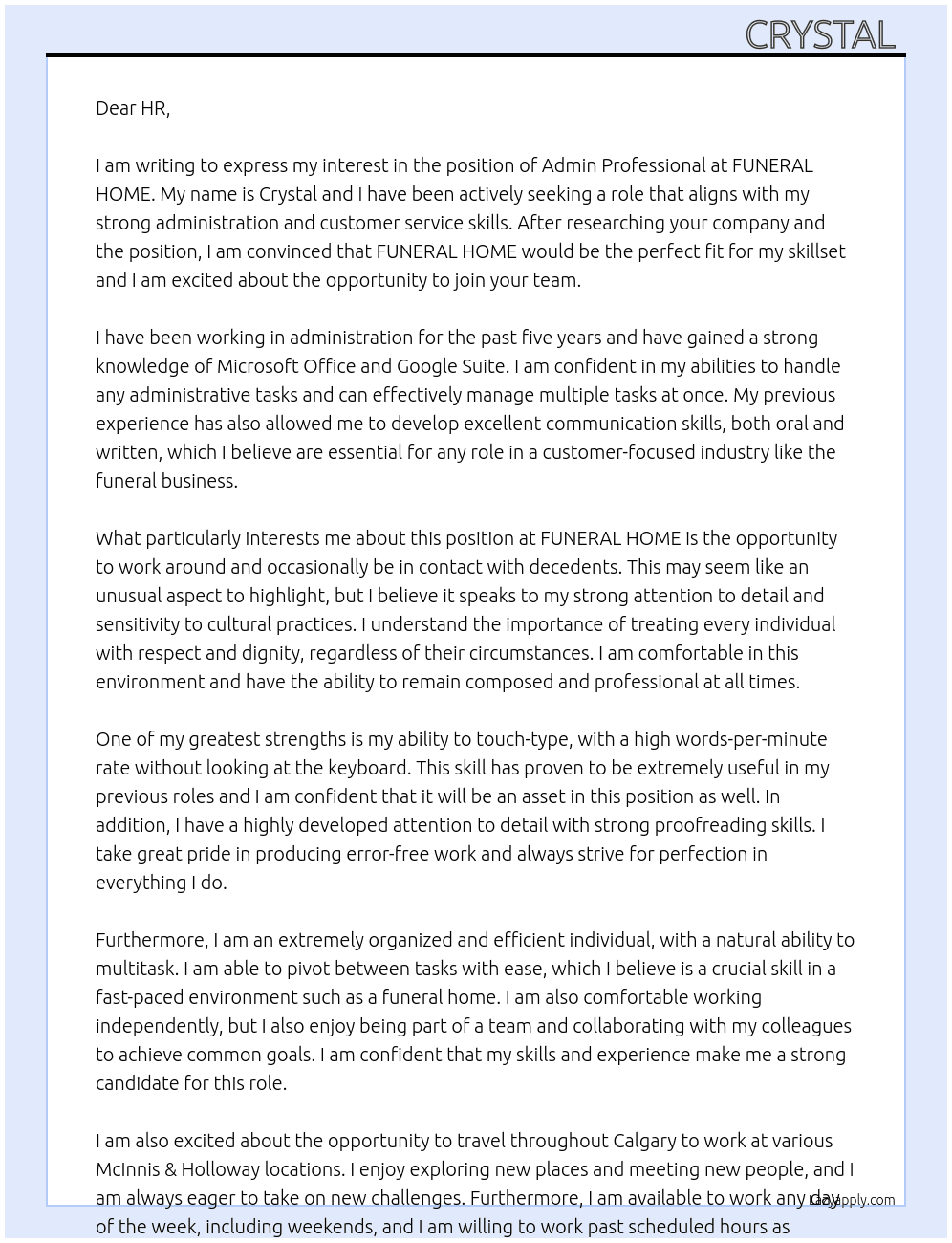 Admin professional  At FUNERAL HOME Cover Letter