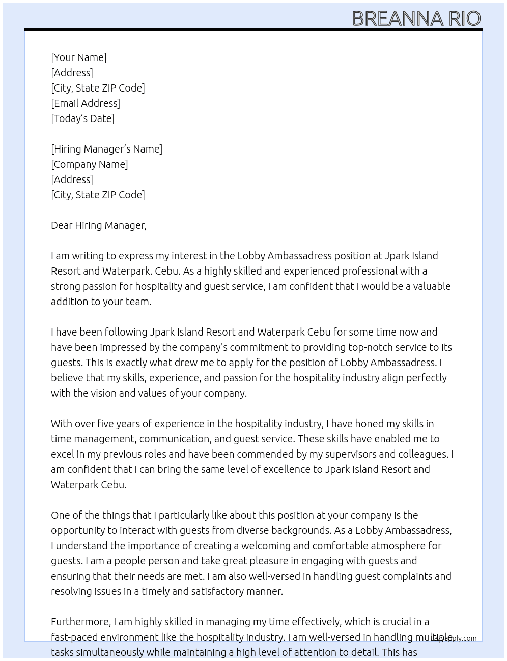 Lobby Ambassadress  At Jpark Island Resort and Waterpark. Cebu Cover Letter