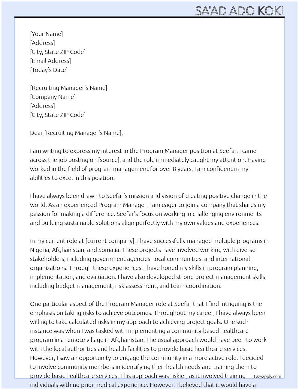 Program Manager At Seefar Cover Letter