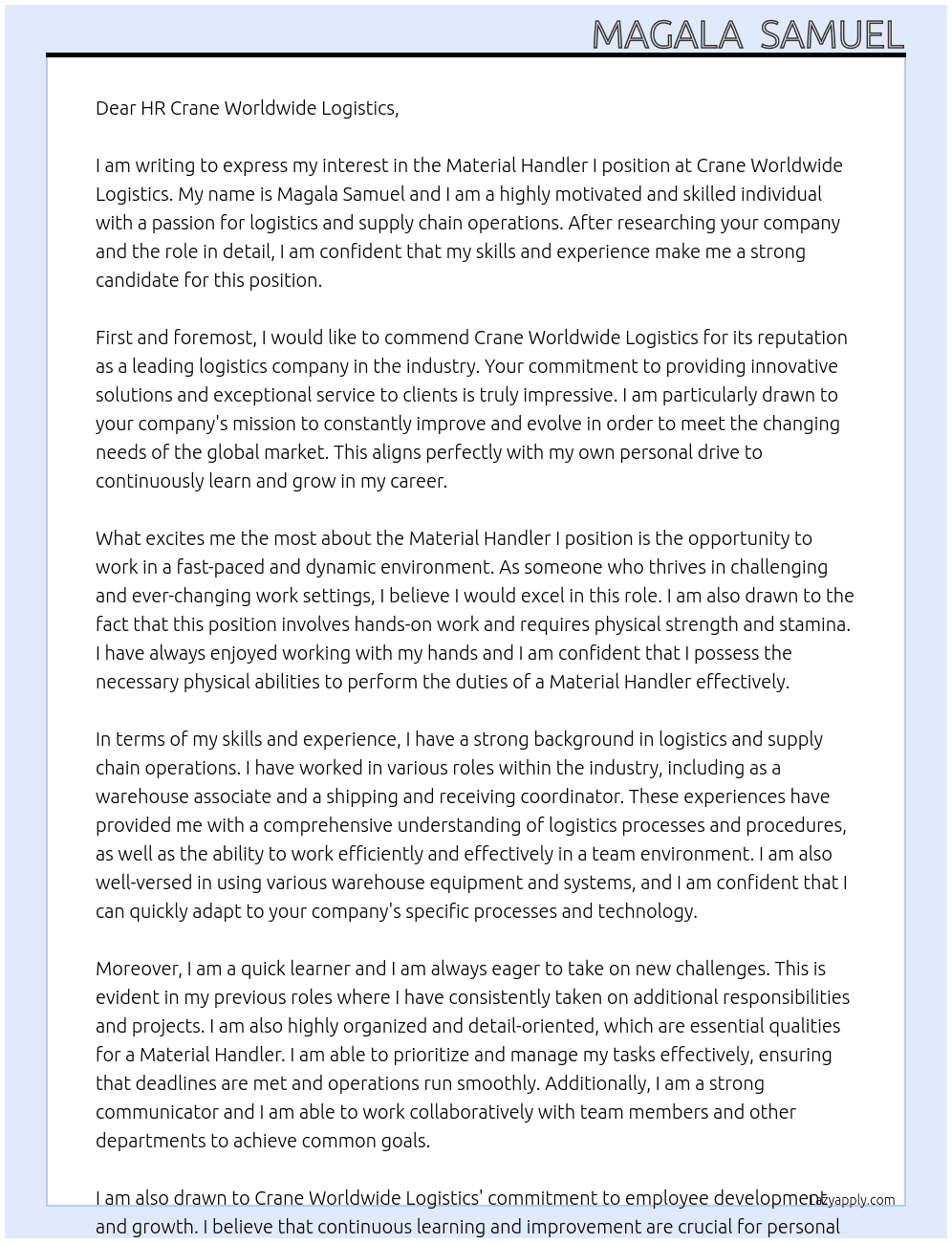 Material Handler I At crane worldwide logistics   Cover Letter