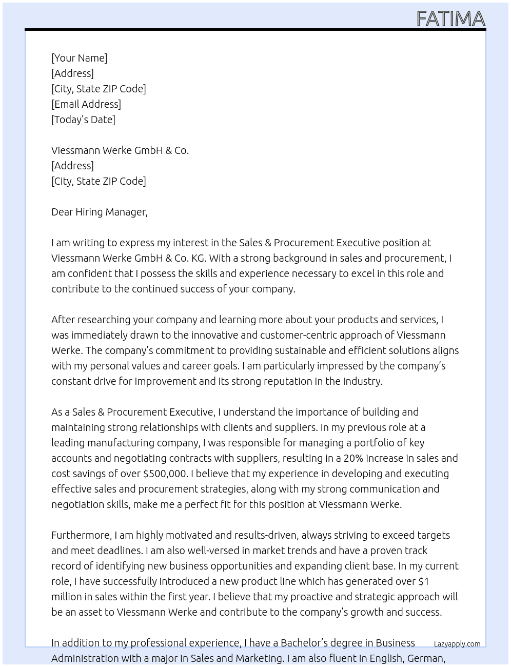 Sales & Procurement Executive At Viessmann Werke GmbH & Co. Cover Letter