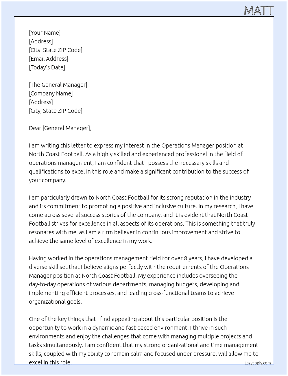 Operations Manager  At North Coast Football Cover Letter